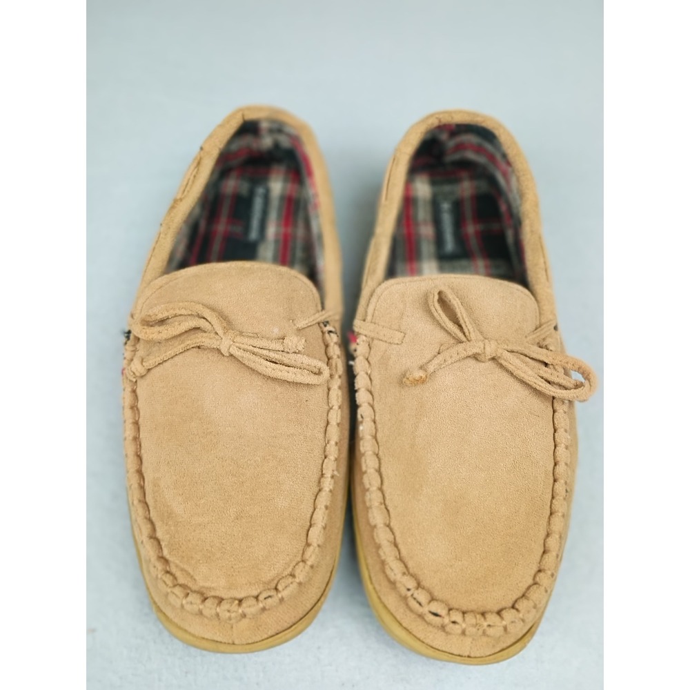 Dearfoams Mens Moccasin Slippers Tan Microsuede Plaid Lined Medium 9-10